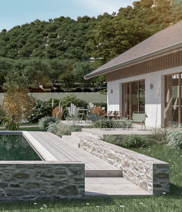 Vue du jardin avec le couloir de nage tourné vers la montagne