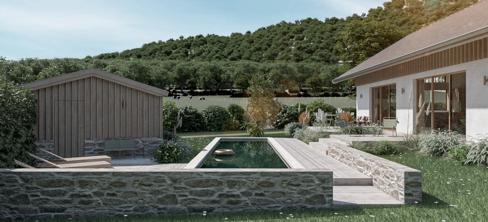 Vue du jardin avec le couloir de nage tourné vers la montagne
